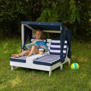 White Double Chaise Lounge with Cup Holders – Navy & White Stripes