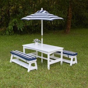 Outdoor Table & Bench Set with Cushions & Umbrella - Navy & White Stripes