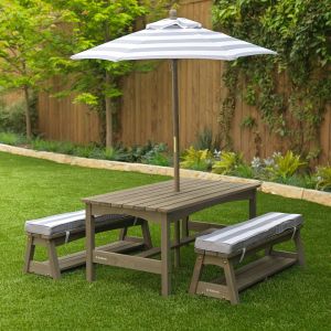 Outdoor Table & Bench Set with Cushions & Umbrella - Navy & White Stripes